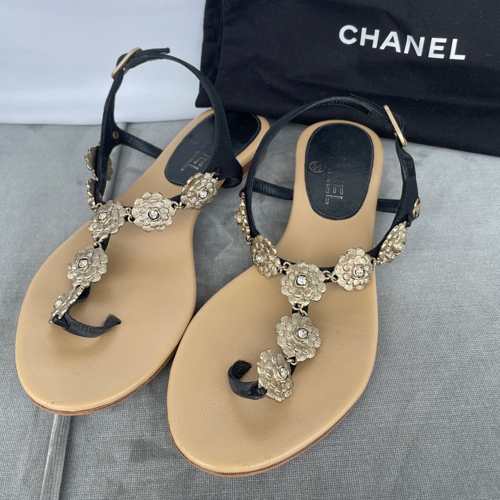 Chanel Black and Beige Thong Sandals with Camellia Accents